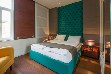 Interior of a modern luxury hotel bedroom