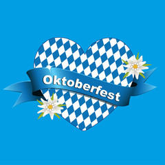 Oktoberfest Karte mit Herz und Edelweiß,
Grüße zum Oktoberfest, Herz aus Bayrische Fahne Vektor Illustration isoliert auf weißem Hintergrund 