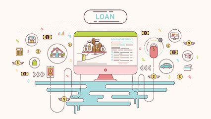 Loan Infographics. Loan agreement between the lender and the borrower. Flat line icons design contains loan offer, finance, money, bank, creditor, and debtor. Vector illustration.