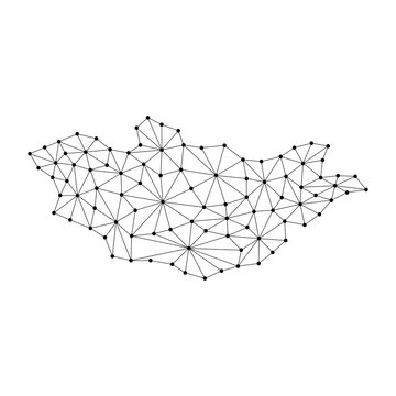 Mongolia map of polygonal mosaic lines network, rays and dots vector illustration.