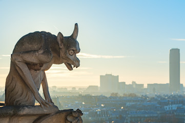 Gargoyle looking at Paris aerial view with montparnasse tower in the background