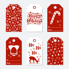 Christmas and New Year gift tags. Cards xmas set with hand drawing elements. Collection of holiday paper label in red and white. Seasonal badge sale design. Texture. Print. Vector illustration.