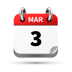 Bright realistic icon of calendar with 3 march date isolated on white