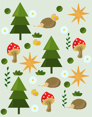 Pine tree mushrooms Forrest background Vector