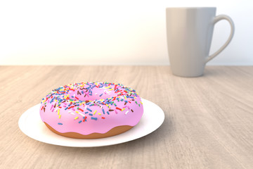 Pink Doughnut on Wood Table