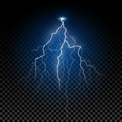 Shiny realistic vector lightning. Thunderstorm flash lightning bolt design element with transparent blue shine.