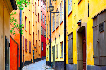 Fototapeta na wymiar Perspective of old street in Stockholm