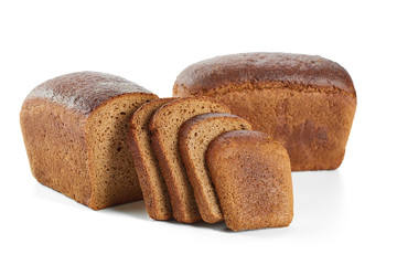 Loafs and slices of delicious dark bread isolated on white toasts sandwich organic ecological food. 