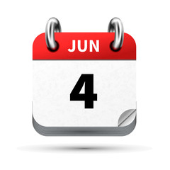 Bright realistic icon of calendar with 4 june date isolated on white