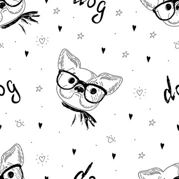 seamless pattern with Black and white vector sketch of a dog. Vector Illustration