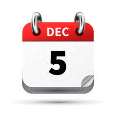 Bright realistic icon of calendar with 5 december date isolated on white