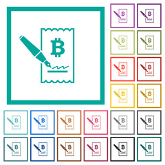 Signing Bitcoin cheque flat color icons with quadrant frames