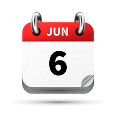 Bright realistic icon of calendar with 6 june date isolated on white