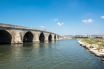 View of Kucukcekmece Mimar Sinan(Architect Sinan)Bridge which was built by Ottoman Architecture Mimar Sinan (Architect Sinan).TURKEY, ISTANBUL,30 JULY 2017