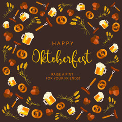 Oktoberfest vector background design. Octoberfest holiday banner layout. Greeting letter or postcard element with traditional bavarian pattern symbols. Party or event headline template with text.