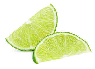 Two ripe slices of green lime citrus fruit isolated on white background with clipping path © Roman Samokhin