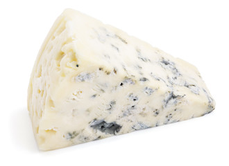 Wedge of soft blue cheese with mold isolated on white background. Blue cheese slice with clipping path