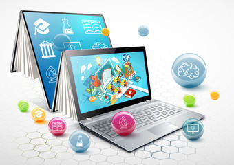 Laptop as a book. The concept of learning. Online education. Illustration