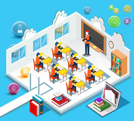 Pupils study in the classroom. Concept of learning. Isometric flat design. Illustration.