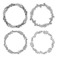 Set no. 3 of four floral wreaths made from hand drawn leaves and flowers