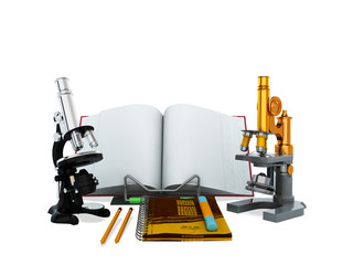 Concepts of school and education biology microscope 3D render on white background