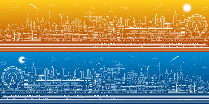 Day and night city panorama, town infrastructure illustration, ferris wheel, modern skyline, white lines on blue background, vector design art 