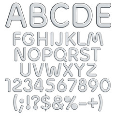 Silver alphabet, letters, numbers and signs. Isolated vector objects on white background.