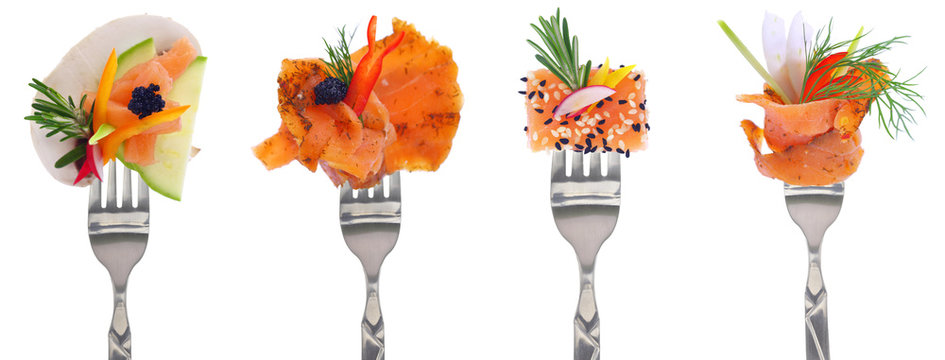 Variety Of Smoked Salmon Starters - White Background