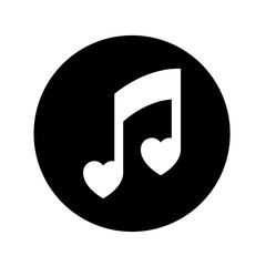 Icono plano nota musical corazones blanco en circulo negro
