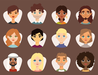 Set of diverse round avatars with facial features different nationalities clothes and hairstyles people characters vector illustration