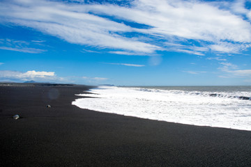 Black sand beach, Reynisfjara shore near the village Vik, atlantic ocean, Iceland