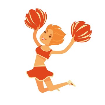 Redhead cheerleader jumps with pompons isolated cartoon illustration