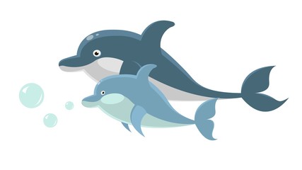 Big and small dolphins swim together isolated illustration
