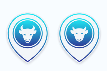 cow and bull, cattle ranch icons on map pointers
