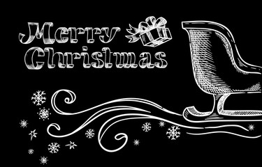Hand lettering of a happy Christmas and drawing of a sled and gift box