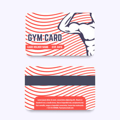 fitness club, gym card design with strong athlete flexing biceps