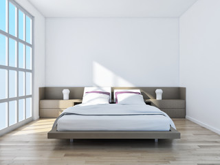 Modern bright bed room, interiors. 3D rendering