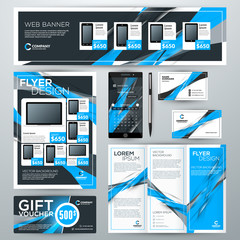 Set of stationery design templates. Corporate identity with abstract vector background. Web banner, flyer, booklet, gift voucher, business card, phone wallpaper