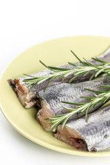 Slices of raw hake fish with rosemary branches on the plate
