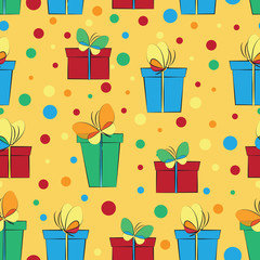 Gift boxes with butterflies. Seamless pattern. Design for textiles, tapestries, gift wrapping.