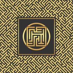 Abstract gold maze emblem. Abstract maze element. Labyrinth logo.