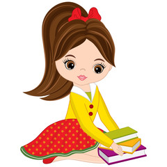 Vector Cute Little Girl with Books
