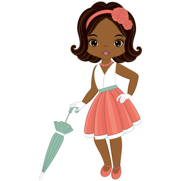 Vector Cute Little African American Girl in Retro Style