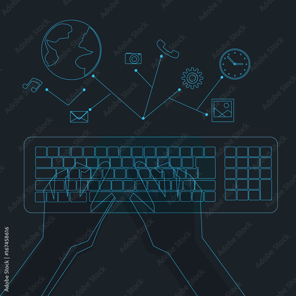 Poster hologram hands typing on hologram keyboard with icons connect vector.future technology concept