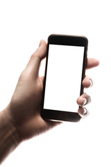Hand holding smartphone, blank screen on white background