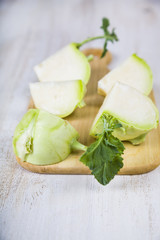 Chopped kohlrabi on chopping board