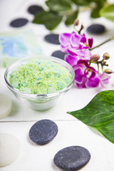 Spa treatments on wooden table