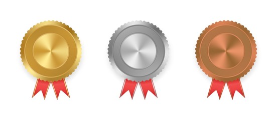 Set of vector labels gold, silver and bronze with ribbons with red and gold ribbon with white on white background. Collection of world winning award medals . Gold medal, bronze medal, silver medal 