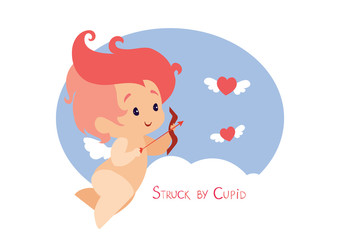 Cupid hunting with archey bow flying hearts. Handwritten fun quotation Valentines Day message