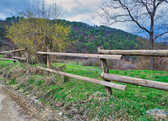 Fototapeta na wymiar Old wooden fence, trees, green grass, and blue cloudy sky on green meadow, Mudurnu, Turkey